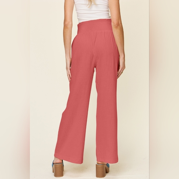 Double Take Full Size Texture Smocked Waist Wide Leg Pants - Picture 3 of 6